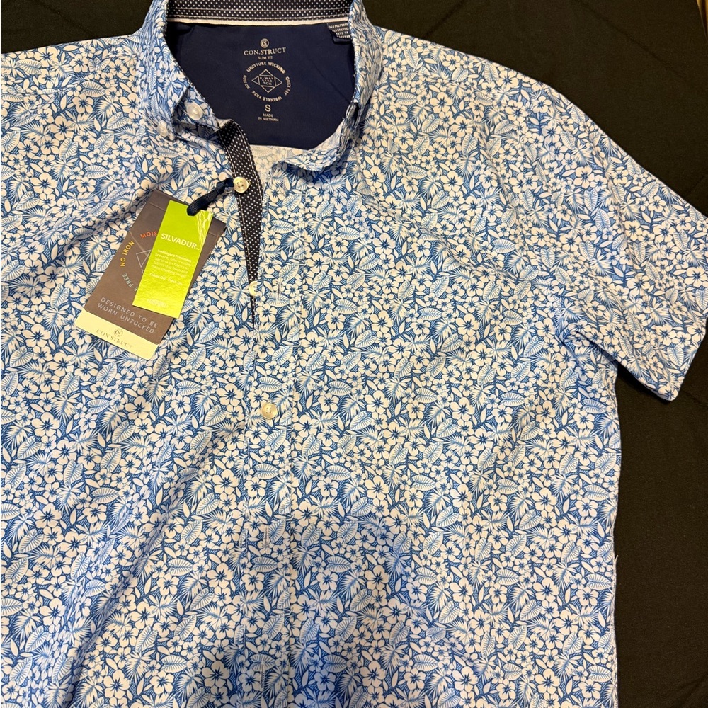 Construct Men's Blue and White Floral Shirt Slim Fit with Stretch